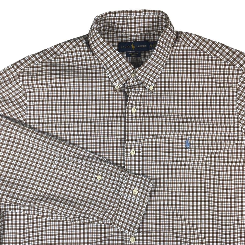 Ralph Lauren Button Down Shirt Brown Check Size XL Cotton Stretch Long Sleeve